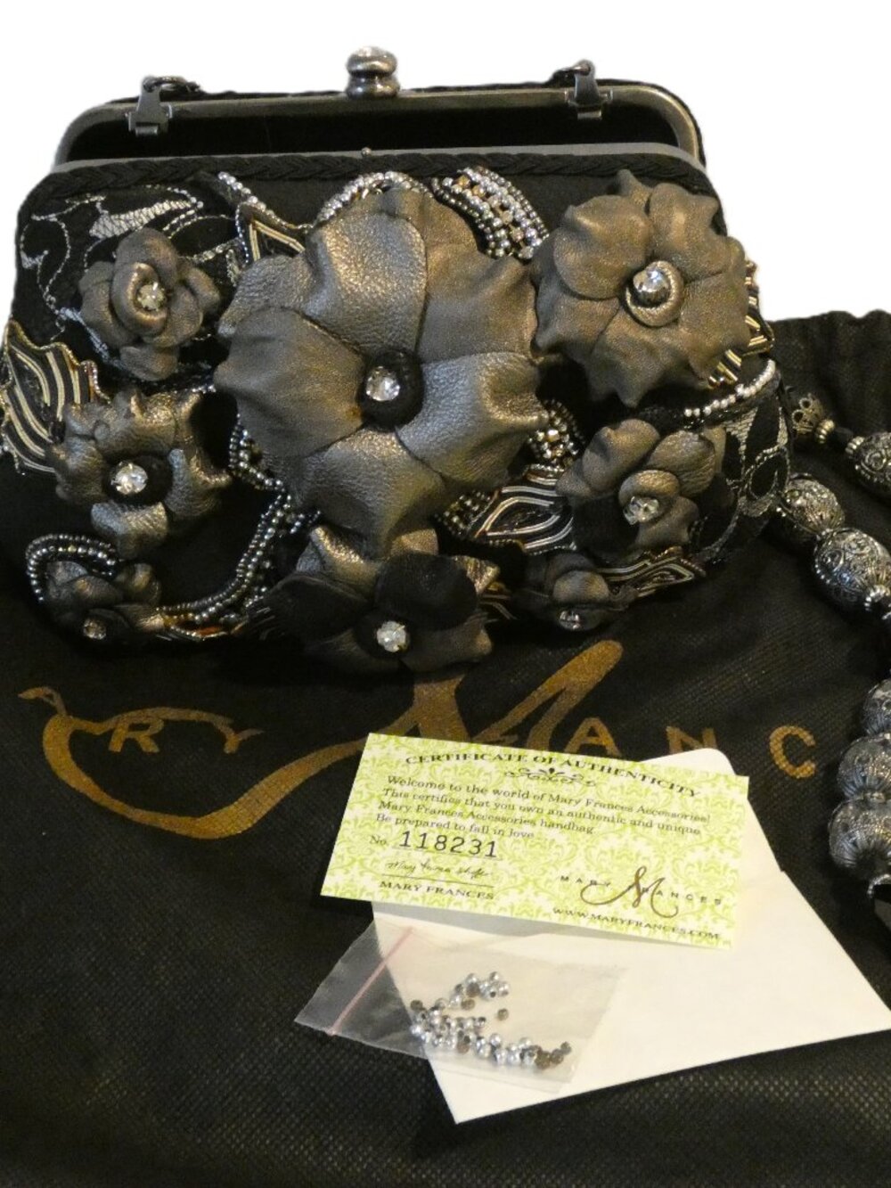 NWOT MARY FRANCES Silver & Black Shoulder Strap Beaded Purse/DustCover